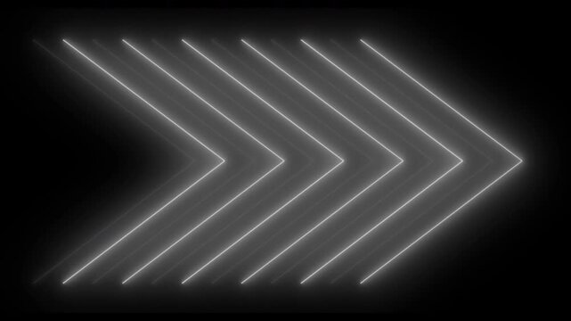 A glowing black and white neon arrow; an arrow symbol moving from left to right; a concept of a repeating arrow animation in the right direction; and an arrow icon concept indicating loading.