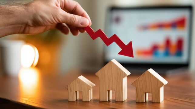 Hand holding red downward arrow over wooden house models indicating real estate market decline and property value decrease concept on blurred screen background
