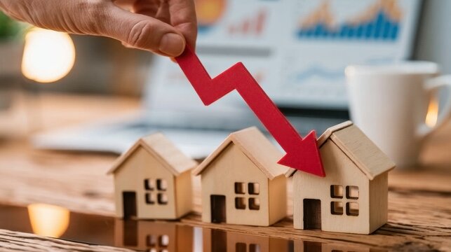 Hand holding red downward arrow over wooden house models symbolizing decrease in property value and real estate market decline concept with blurred financial chart background
