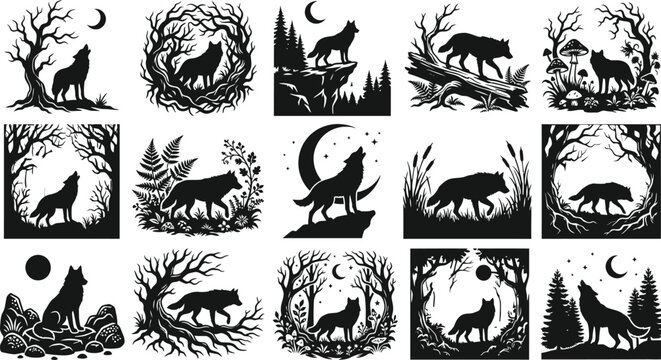 Halloween vector bundle mystical wolf silhouettes with moon trees and forest elements for spooky designs