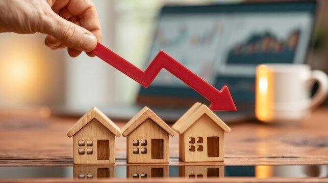 Person holding red arrow pointing downward over wooden miniature houses symbolizing decline in housing market economic downturn and real estate value drop