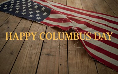 Vintage american flag on rustic wooden floor with happy columbus day greeting text celebration