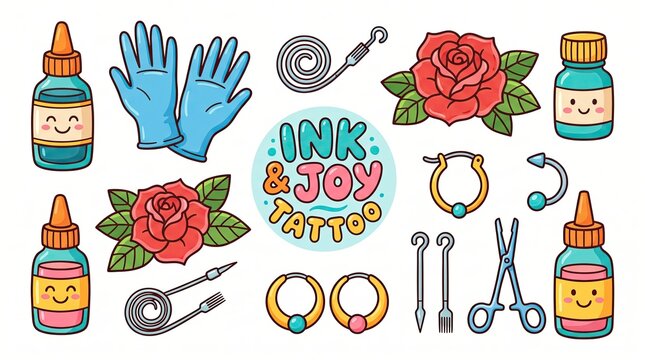 Colorful cartoon tattoo shop icons with ink bottles, gloves, needles, roses, and piercing tools for branding.
