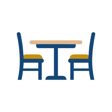 Two blue chairs and a table.