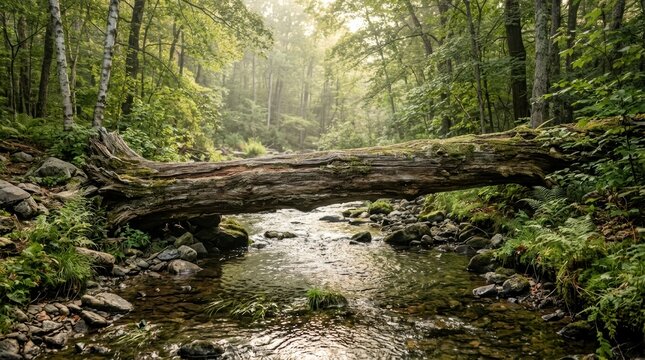 Fallen tree bridge over stream