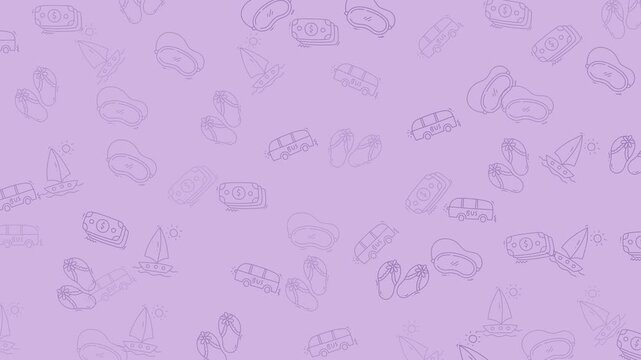 Purple background pattern with sofa boat sandal icon suitable for graphic design projects for summer events, beachrelated products, or vacation promotions.