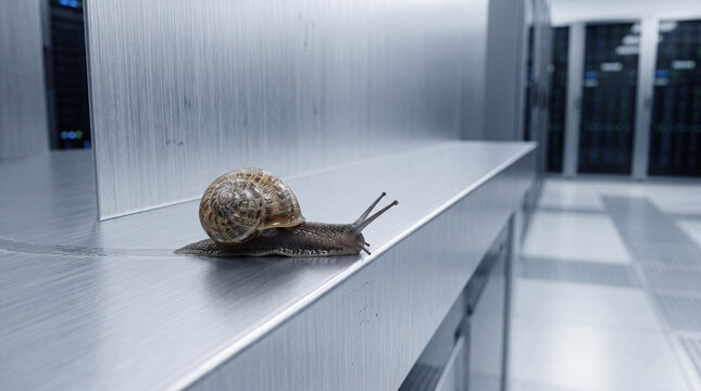 Minimalist Garden Snail Gliding on Sleek Aluminum Server Rack Surface