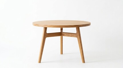 Fototapeta premium Minimalist Round Solid Oak Coffee Table with Tapered Legs Isolated on White Background Modern Scandi Style Wood Furniture Piece for Living Room Interior Design Concepts and Home Decoration
