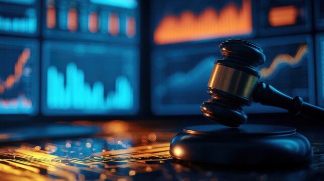 Judicial gavel resting on wooden sound block with financial data charts and graphs on digital screens in background depicting law and finance concept