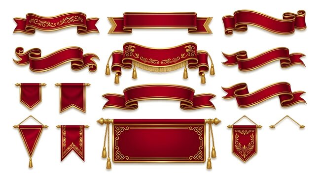 Christmas day red and gold banners and ribbons for holiday decorations