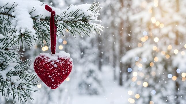 Christmas day snowy scene with red heart ornament on pine tree branch