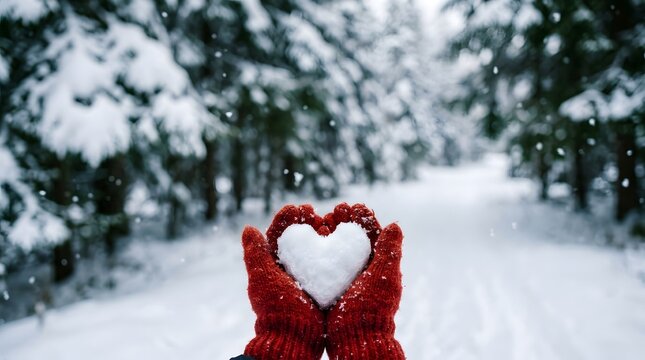 Christmas day winter wonderland heart of snow in red mittens