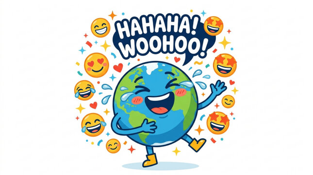 Happy cartoon Earth character laughing with emojis concept of global joy and humor vector illustration for fun design