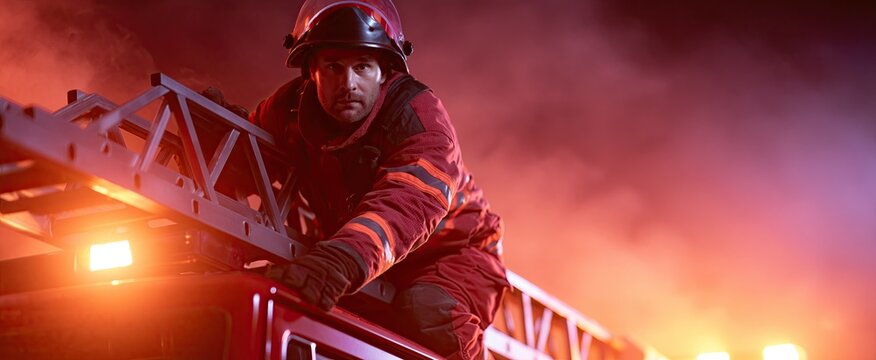 A firefighter grips a ladder beside a red fire truck, framed by smoke and flashing emergency lights.