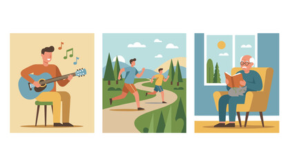 Naklejka premium Three panels illustrate different hobbies including playing the guitar, running in the forest with a child, and reading a book at home.
