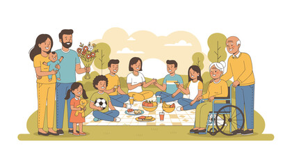 Fototapeta premium Large multi-generational family enjoys a sunny picnic in the park sitting on a blanket with food and flowers in a peaceful outdoor setting.