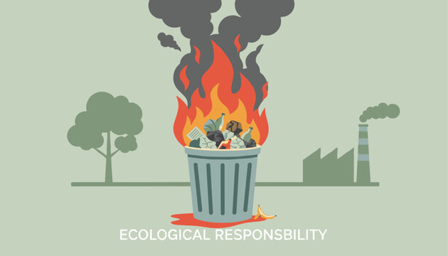 Trash can full of burning garbage releases thick black smoke into the air near a factory and trees for ecological responsibility awareness.