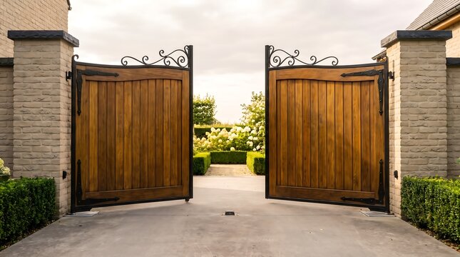 Open wooden gate with black metal hinges and decorative scrollwork, set between two brick pillars leading to a lush garden