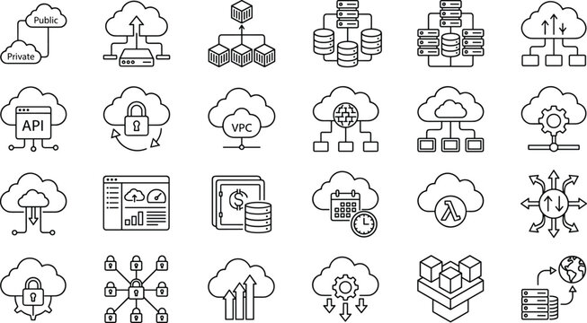 Cloud Computing Technology Line Icons Set with Network Security Database API and Infrastructure Concepts