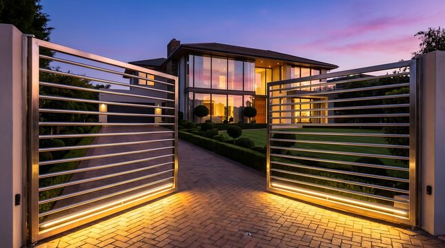 Modern luxury house with illuminated metal gates at sunset