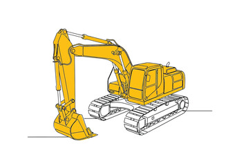 Yellow excavator on tracks construction equipment heavy machinery © Vector Line