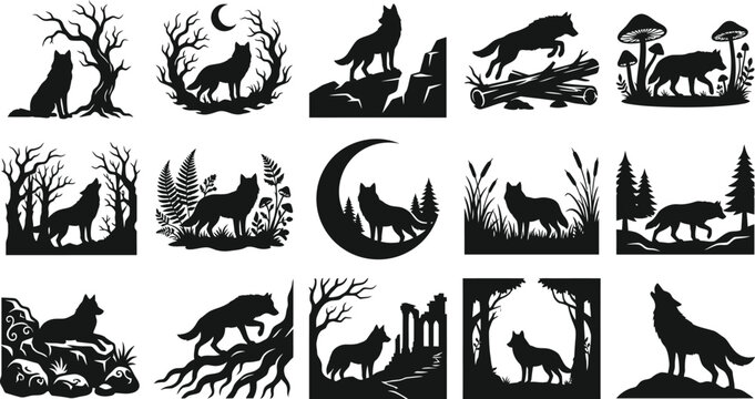 Halloween vector bundle 12 silhouettes of wolves in spooky forest scenes for graphic design