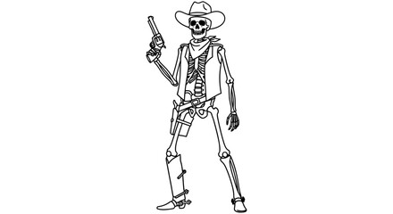 Obraz premium Skeleton cowboy with revolver and hat black line drawing on white background