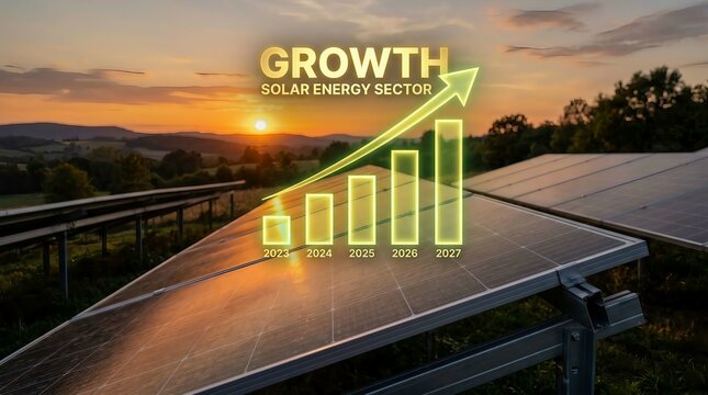 Bright solar energy sector growth chart with rooftop panels at sunset
