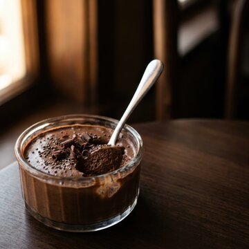 Artisanal Dark Chocolate Mousse Dessert in Glass Bowl on Rustic Wooden Table with Copy Space, Elegant Gourmet Food Photography for Culinary Branding and Restaurant Menu
