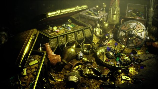 scattered coins and broken chalices across decklike surface, battered map fragments and corroded metal hint at underwater salvage from old shipwreck with warm