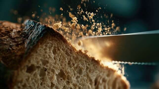 Close-up of a knife slicing through crusty bread, scattering crumbs