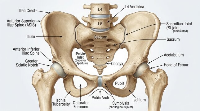 Detailed anatomical illustration of human pelvis bones and hip joints in frontal view