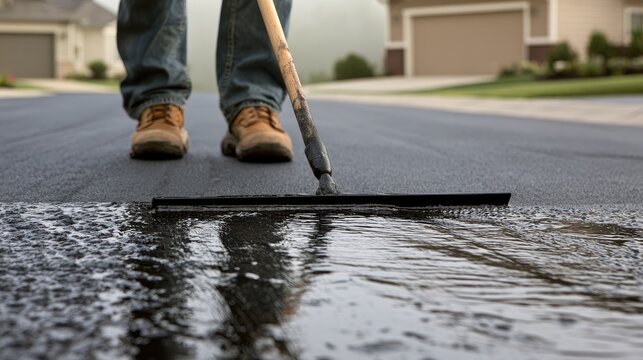 A person applies asphalt sealant to a crack in a paved road