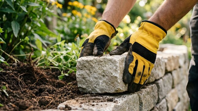 Person wearing protective yellow work gloves carefully placing a heavy grey stone block to build a garden retaining wall structure
