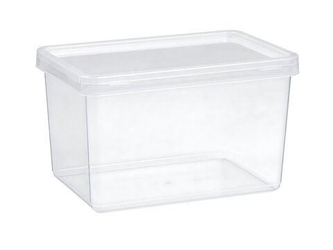 A clear plastic rectangular storage container with a matching lid.