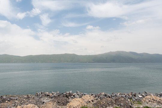 A panorama of the high-altitude Lake Sevan in Armenia.