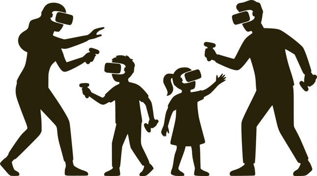Modern Family Silhouette Wearing VR Headsets Virtual Reality Gaming Vector