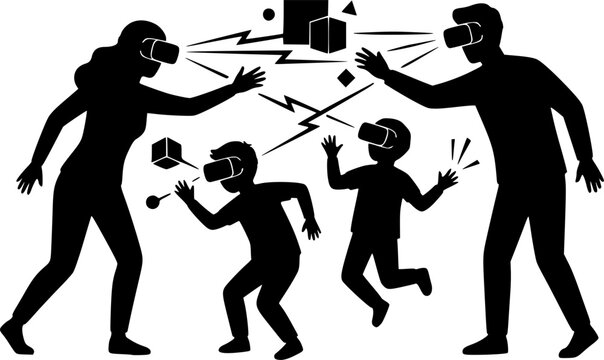 Modern Family Silhouette Wearing VR Headsets Virtual Reality Gaming Vector