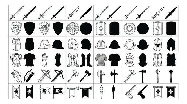 Medieval armor and weapon icons set, 60 black and white knight equipment vector elements, ancient warfare gear and combat tools collection