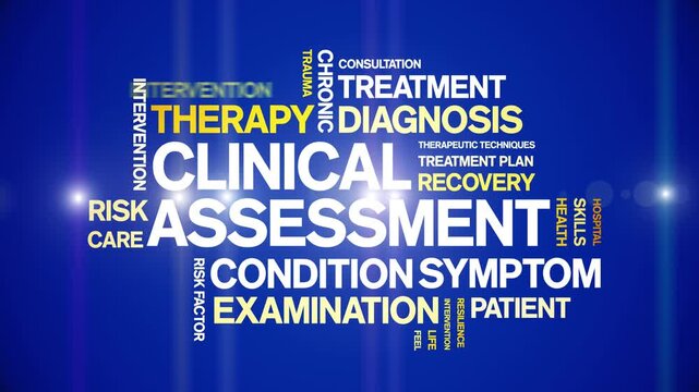 Clinical Assessment animated word cloud-text design animation tag kinetic typography seamless loop.