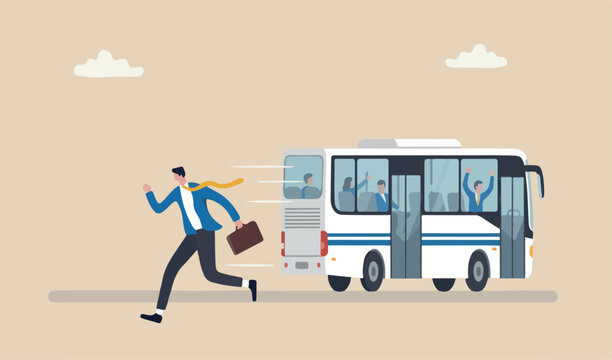 Left behind, exclusion or forgotten employee, failure or mistake to come late and miss the bus, opportunity, frustrated together businessman late running catch run away team bus