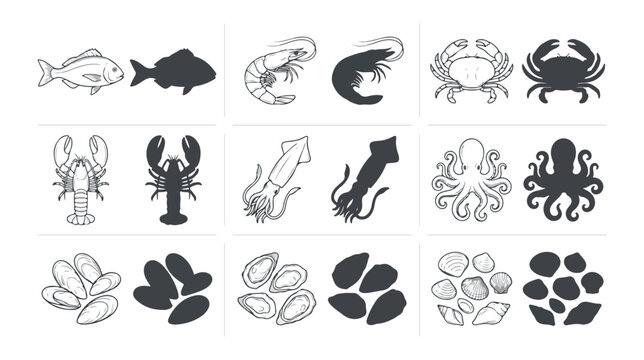 Seafood icon set with 18 vector elements, black line art and solid silhouettes of fish, shrimp, crab, lobster, squid, octopus, and shellfish
