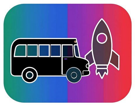 Minimalist bus and rocket icon design on a colorful gradient background.