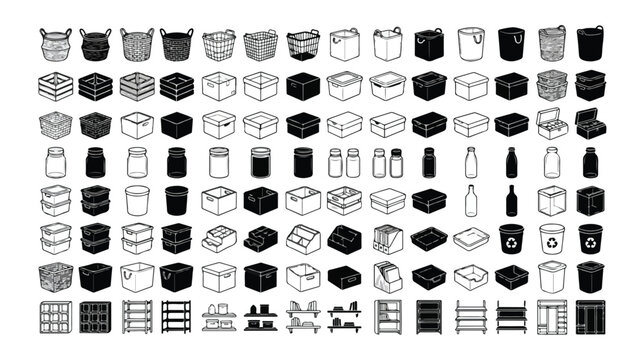 Minimalist home organization icon set, black and white storage bin and basket vector collection, household pantry and closet sorting symbols