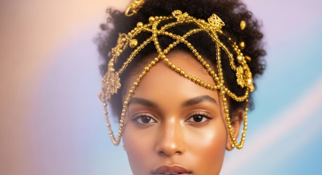 close-up portrait of a woman with an afro adorned with an intricate gold beaded crown