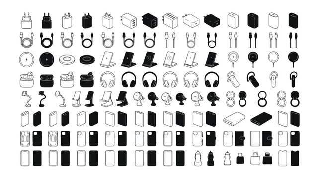 Isometric mobile accessories icon set, black and white smartphone gadget vector collection, 112 electronic device line icons for tech retail