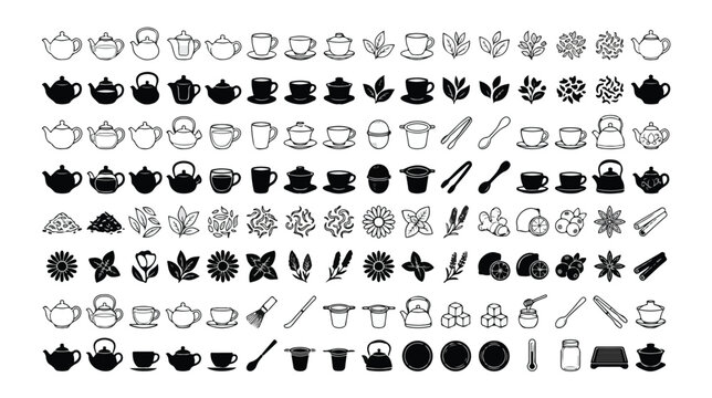 Minimalist tea ceremony icon set, 128 black and white vector elements, teapot and teacup line art collection, herbal ingredients and cafe equipment