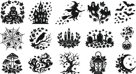 Fototapeta premium Halloween vector bundle spooky silhouettes for designs pumpkins witches ghosts and more