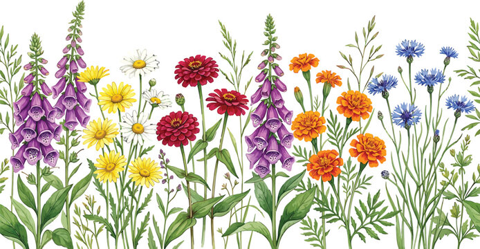 Watercolor wildflower border with foxglove zinnia marigold and cornflower isolated on a white background vector illustration
