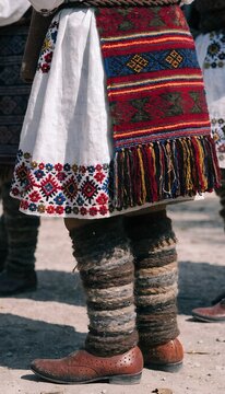 Traditional folk clothing with embroidered hem woven apron geometric red blue yellow white patterns fringes wool leg coverings brown leather shoes cultural textile heritage generated ai